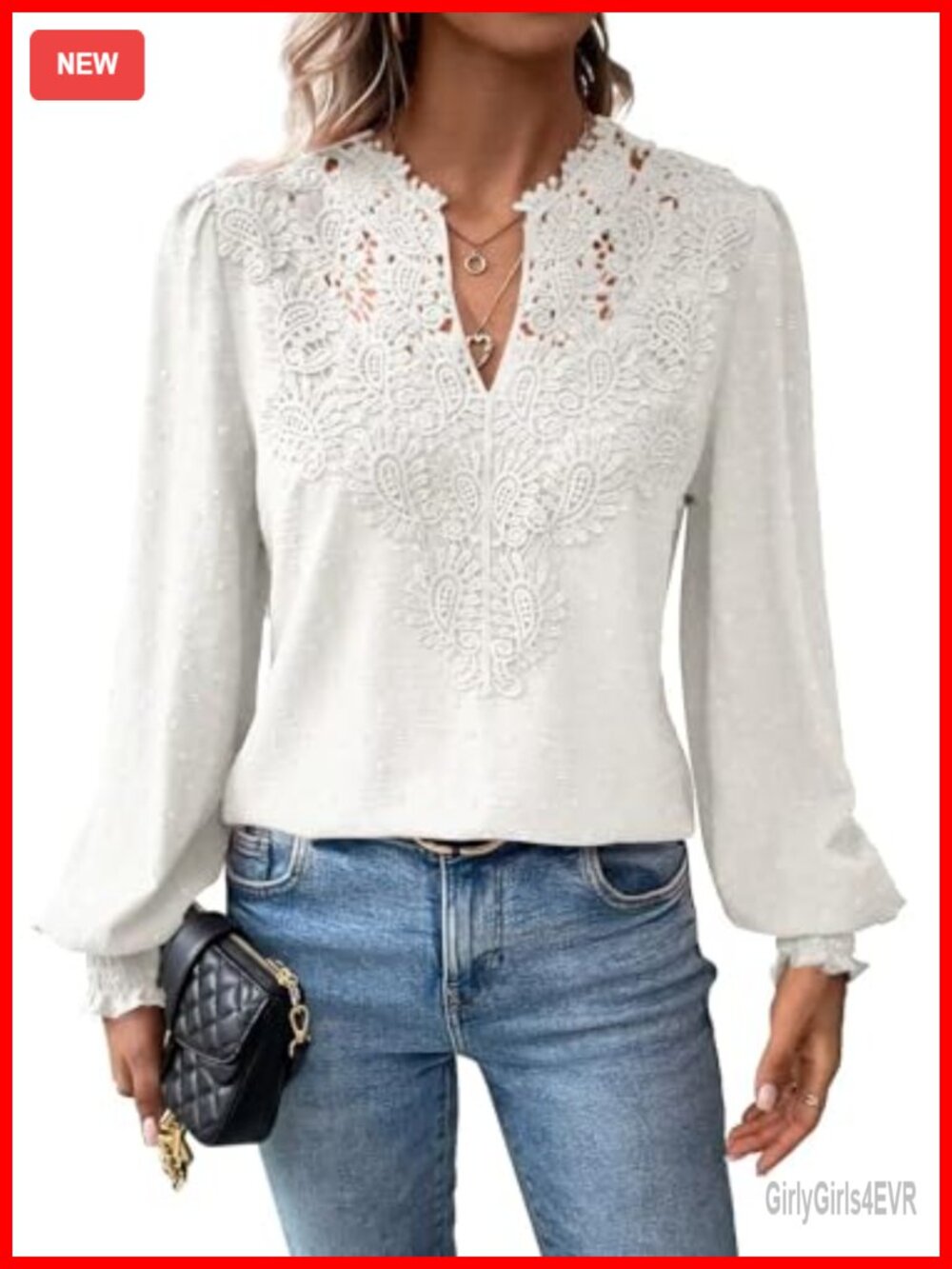 Falechay Women Boho Flowy Lace Floral V Neck Long Sleeve Blouse Top